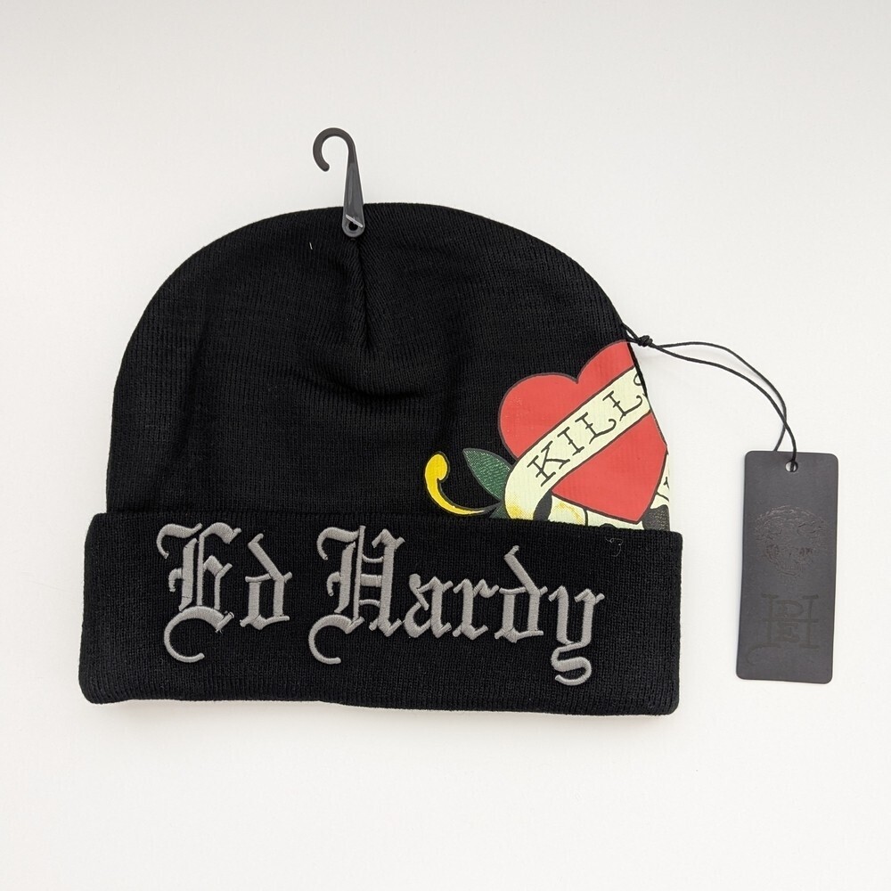NWT Ed Hardy Adult Black "Love Kills Slowly" Skull Beanie/Chook/Tuque